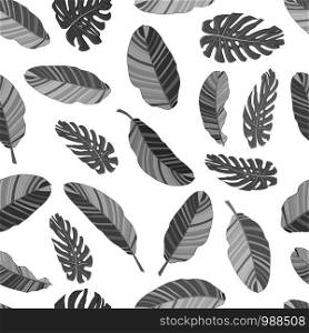 Black and white floral textile seamless pattern. EPS10 vector illustration. Tropical banana and monstera leaves isolated on white background.. Black and white floral textile seamless pattern.