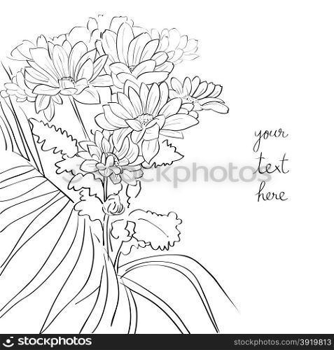 Black and white flowers card, hand drawn illustration of a bouquet of daisies over white