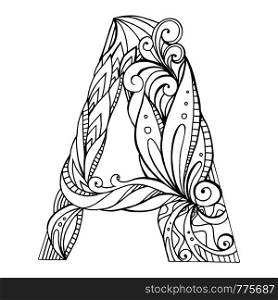 Black and white freehand drawing capital letter A with floral doodle pattern. Vector element for your design. Black and white freehand drawing capital letter A