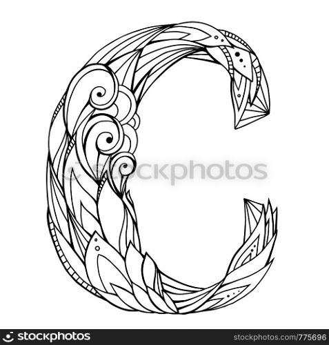 Black and white freehand drawing capital letter C with floral doodle pattern. Vector element for your design. Black and white freehand drawing capital letter C