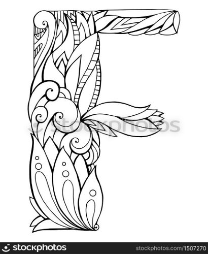 Black and white freehand drawing capital letter F with floral doodle pattern. Vector element for your design. Black and white freehand drawing capital letter F