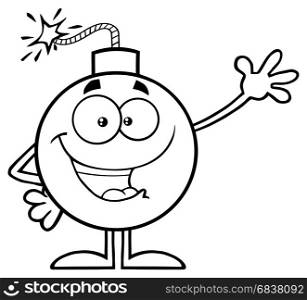 Black And White Funny Bomb Cartoon Mascot Character Waving For Greeting. Illustration Isolated On White Background
