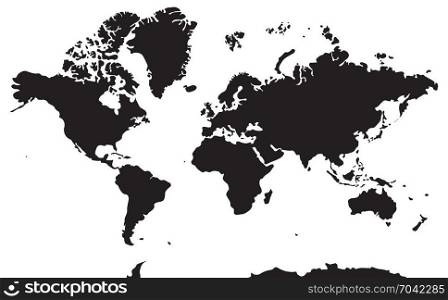 Black and white geographical map. Vector. All continents: Asia, Europe, North and South America, Africa, Australia, Antarctica.