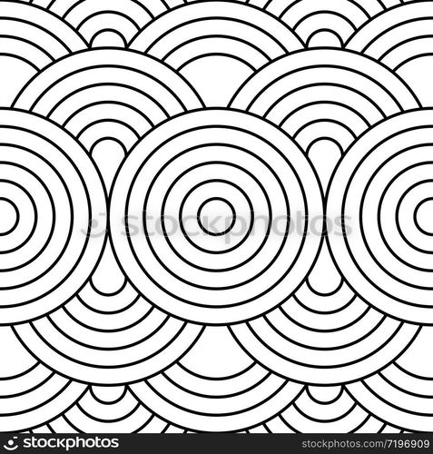 Black and white geometric circle impossible background seamless pattern. Round vector illustration for greeting cards, cover, flyer, wallpaper. Abstract texture ornament design, repeating tiles