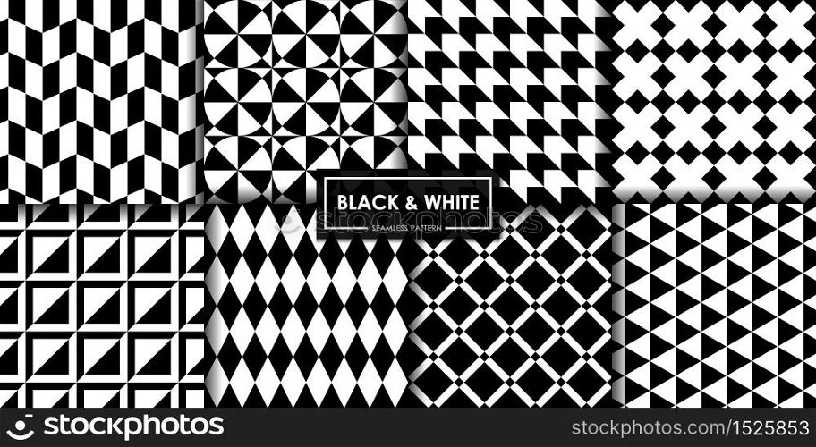 Black and white geometric seamless pattern vector collection, Abstract background, Decorative wallpaper.