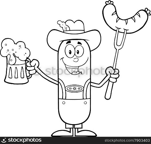 Black And White German Oktoberfest Sausage Cartoon Character Holding A Beer And Weenie On A Fork