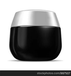 Black and white glossy plastic cream jar isolated on white background. Skin care product realistic cosmetic package. Vector mockup bottle illustration.. Black and white glossy plastic cream jar isolated