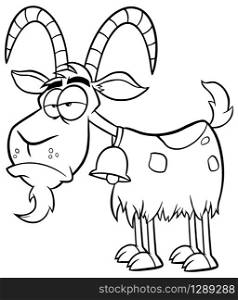 Black And White Grumpy Goat Cartoon Mascot Character. Vector Illustration Isolated On White Background
