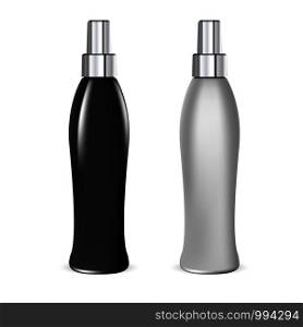 Black and white hair protection spray cosmetic bottle mockup. Cosmetics packaging for foam, oil, hair spray, moisturizing, protection liquid. Realistic vector illustration.. Hair protection spray cosmetic bottle mockup.