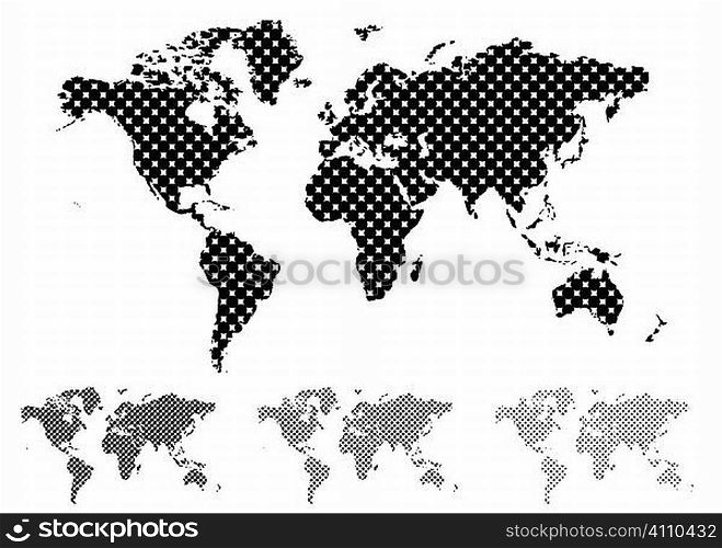 Black and white halftone map of the world with different tint values