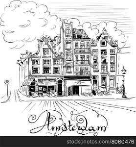 Black and white hand drawing, city view of Amsterdam typical houses, Holland, Netherlands.