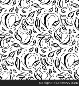 Black and White Hand Drawn Peach Fruit Vector Seamless Pattern. Awesome for classic product design, fabric, backgrounds, invitations, packaging design projects. Surface pattern design.