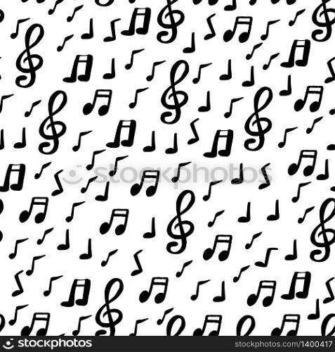 Black and white hand drawn seamless pattern with musical signs. Notes and treble clef elements for textile, scrapbooking, clothing design. hand drawn seamless pattern with musical signs