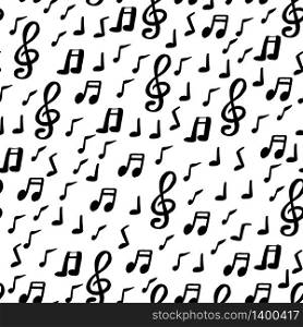 Black and white hand drawn seamless pattern with musical signs. Notes and treble clef elements for textile, scrapbooking, clothing design. hand drawn seamless pattern with musical signs