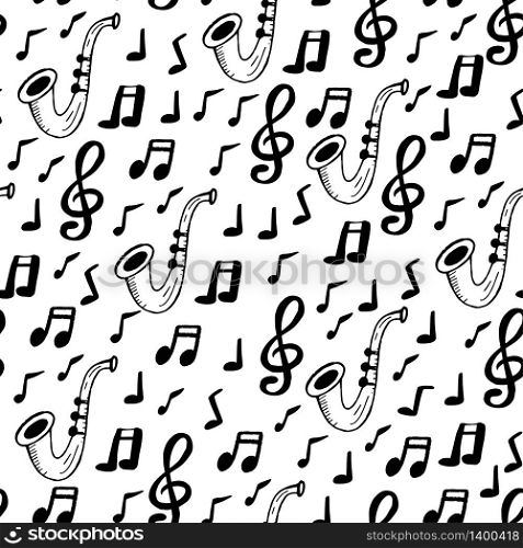 Black and white hand drawn seamless pattern with musical signs. Notes, sax and treble clef elements for textile, scrapbooking, clothing design. hand drawn seamless pattern with musical signs