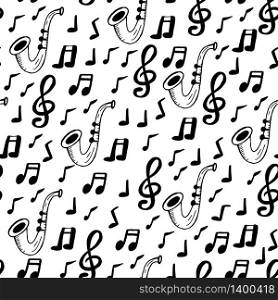 Black and white hand drawn seamless pattern with musical signs. Notes, sax and treble clef elements for textile, scrapbooking, clothing design. hand drawn seamless pattern with musical signs