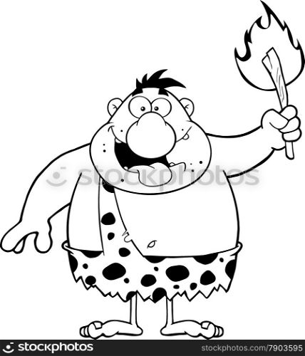Black And White Happy Caveman Cartoon Character Holding Up A Fiery Torch