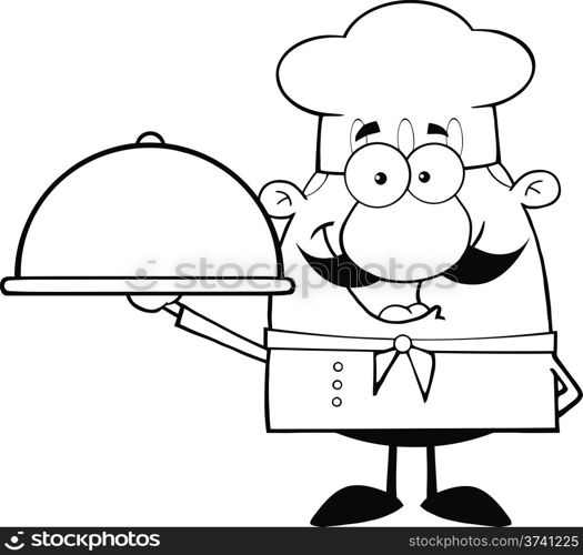 Black and White Happy Chef Cartoon Character Holding A Platter