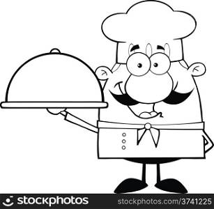 Black and White Happy Chef Cartoon Character Holding A Platter