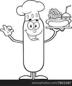 Black And White Happy Chef Sausage Cartoon Character Carrying A Hot Dog, French Fries And Cola