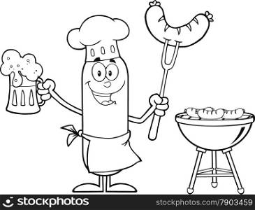 Black And White Happy Chef Sausage Cartoon Character Holding A Beer And Weenie Next To BBQ