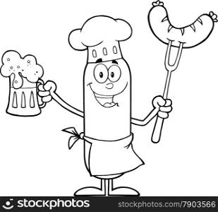Black And White Happy Chef Sausage Cartoon Character Holding A Beer And Weenie On A Fork