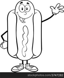 Black And White Happy Hot Dog Cartoon Mascot Character Waving