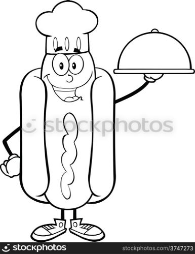 Black And White Happy Hot Dog Chef Cartoon Character With A Cloche Platter