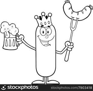 Black And White Happy King Sausage Cartoon Character Holding A Beer And Weenie On A Fork