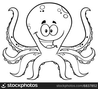 Black And White Happy Octopus Cartoon Mascot Character. Illustration Isolated On White Background