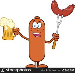 Black And White Happy Sausage Cartoon Character Holding A Beer And Weenie On A Fork