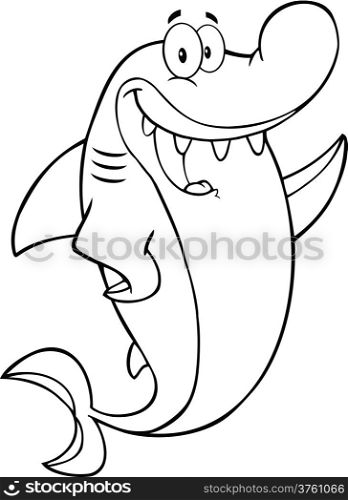Black And White Happy Shark Cartoon Character Waving