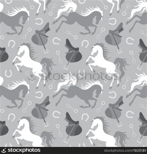 Black and white horse and horseshoe silhouette seamless pattern. Vector illustration.
