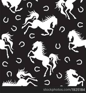 Black and white horse and horseshoe silhouette seamless pattern. Vector illustration.