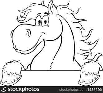 Black And White Horse Cartoon Character Over A Sign. Vector Illustration Isolated On White Background