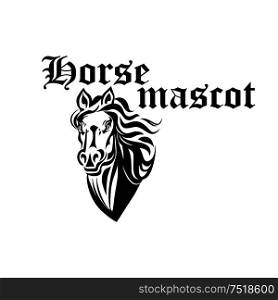 Black and white horse head mascot of medieval stylized proud purebred stallion. Sporting and royal heraldry theme design. Black and white horse mascot of purebred stallion