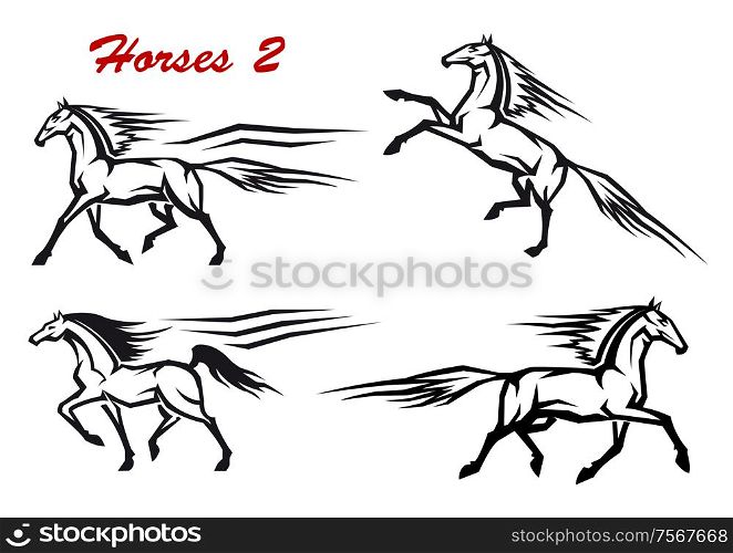 Black and white horses icons in motion showing a horse, rearing, trotting, galloping and high stepping for dressage