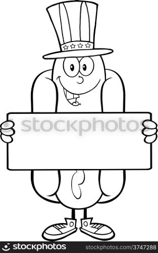 Black And White Hot Dog Cartoon Character With American Patriotic Hat Holding A Banner