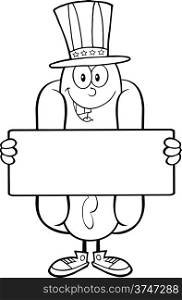 Black And White Hot Dog Cartoon Character With American Patriotic Hat Holding A Banner
