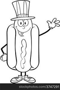 Black And White Hot Dog Cartoon Mascot Character With American Patriotic Hat Waving