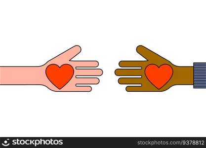 Black and white human hands together. International business people handshake icon. Two hands with hearts. Vector illustration. EPS 10. stock image.. Black and white human hands together. International business people handshake icon. Two hands with hearts. Vector illustration. EPS 10.