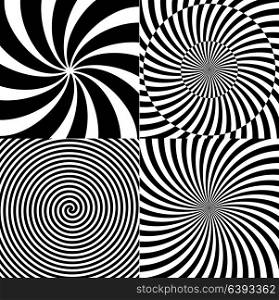 Black and White Hypnotic Psychedelic Spiral with Radial Rays, Twirl Background Collection Set Pattern. Vector Illustration EPS10. Black and White Hypnotic Psychedelic Spiral with Radial Rays, Twirl Background Collection Set Pattern. Vector Illustration