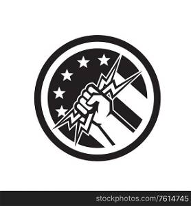 Black and White icon Illustration of an American electrician, power lineman or handyman hand holding a bunch of lighting bolt set in circle with USA stars and stripes flag in background done in retro style. . Electrician Hand Pipe Holding Lightning Bolt USA Flag Circle Icon Black and White