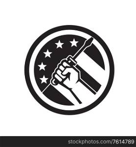 Black and White icon Illustration of an American repairman, electrician or handyman hand holding a screwdriver viewed from side set inside circle with USA stars and stripes flag in the background done in retro style. . Repairman Hand Holding Screwdriver Retro Icon Black and White