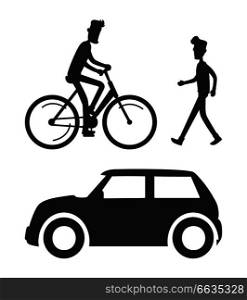 Black and white icons of walking man, bicyclist and vehicle. Vector illustration with people and transport isolated on white background silhouettes. Icons of People with Transport Vector Illustration