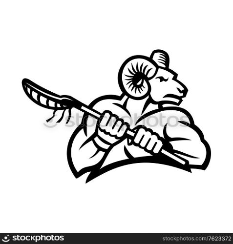 Black and white illustration of a bighorn ram, mountain goat or sheep holding a lacrosse stick viewed from side on isolated background in retro style.. Bighorn Ram Mountain Goat or Sheep Holding a Lacrosse Stick Black and White