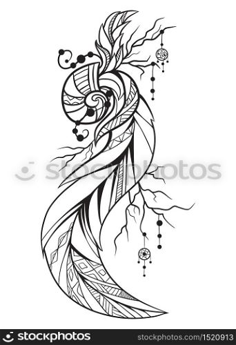 Black and white illustration of a boho element. Doodle illustration of cockleshell with feathers and beads for sketch of tattoos, printing on T-shirts, covers and your creativity. Coloring for adults. Black and white illustration of a boho element.