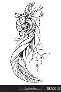 Black and white illustration of a boho element. Doodle illustration of cockleshell with feathers and beads for sketch of tattoos, printing on T-shirts, covers and your creativity. Coloring for adults. Black and white illustration of a boho element.