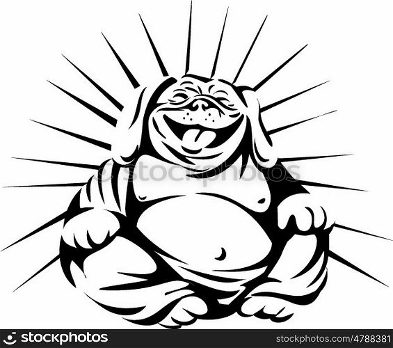 Black and white illustration of a bulldog laughing buddha sitting viewed from front set on isolated white background done in retro style. . Laughing Bulldog Buddha Sitting Black and White