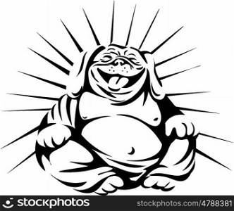 Black and white illustration of a bulldog laughing buddha sitting viewed from front set on isolated white background done in retro style. . Laughing Bulldog Buddha Sitting Black and White